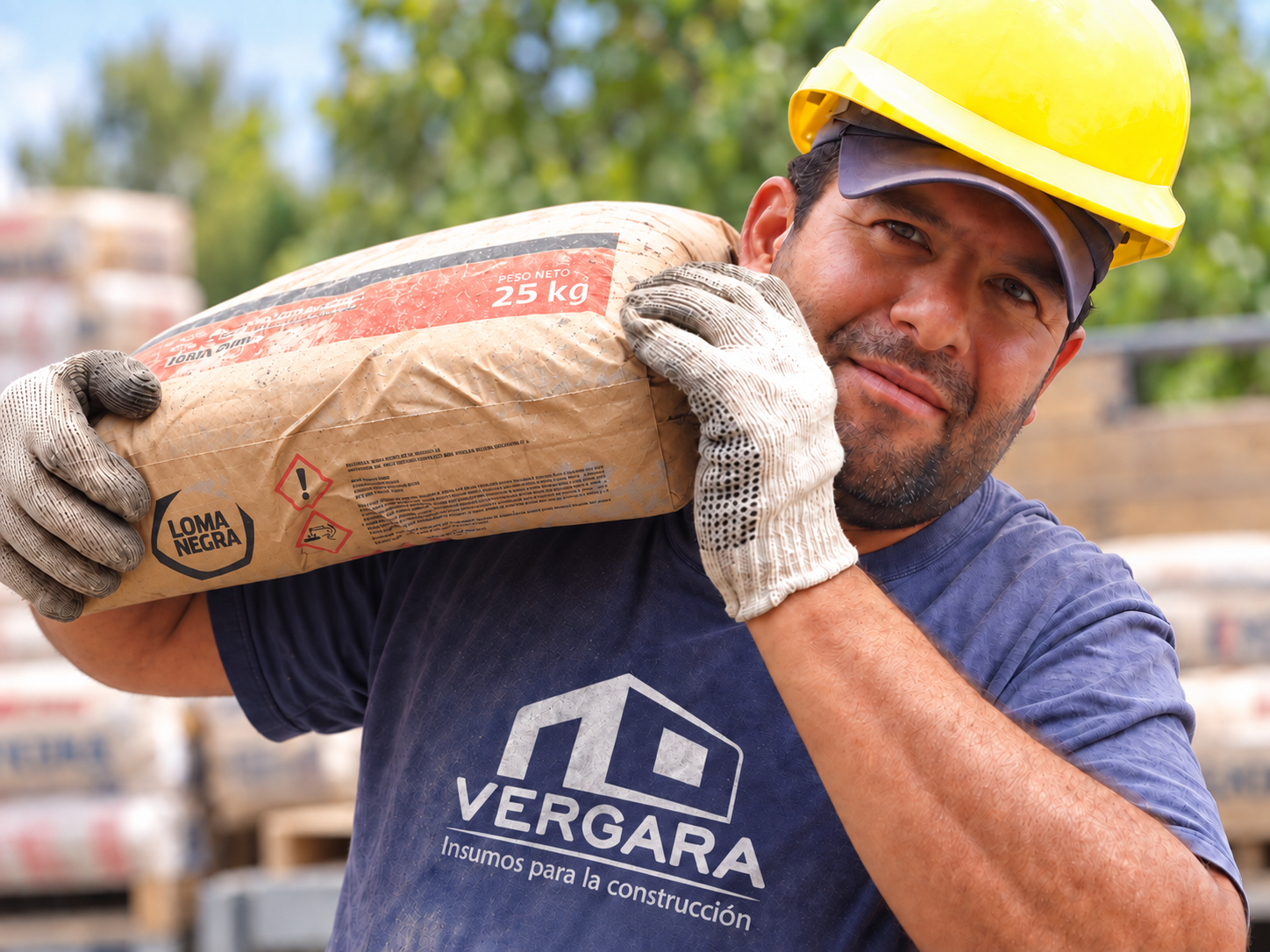Operario de Vergara cargando una bolsa de cemento de 25 kg al hombro